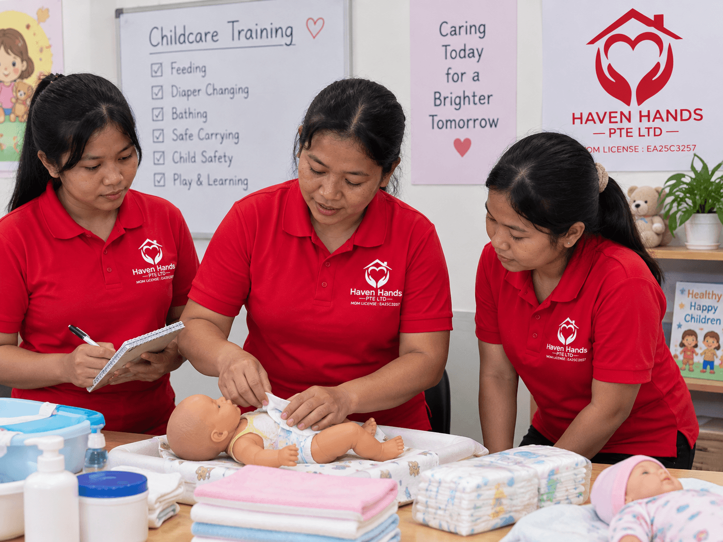 Hands-on childcare training covering diaper changing, feeding, safe handling and basic infant care.