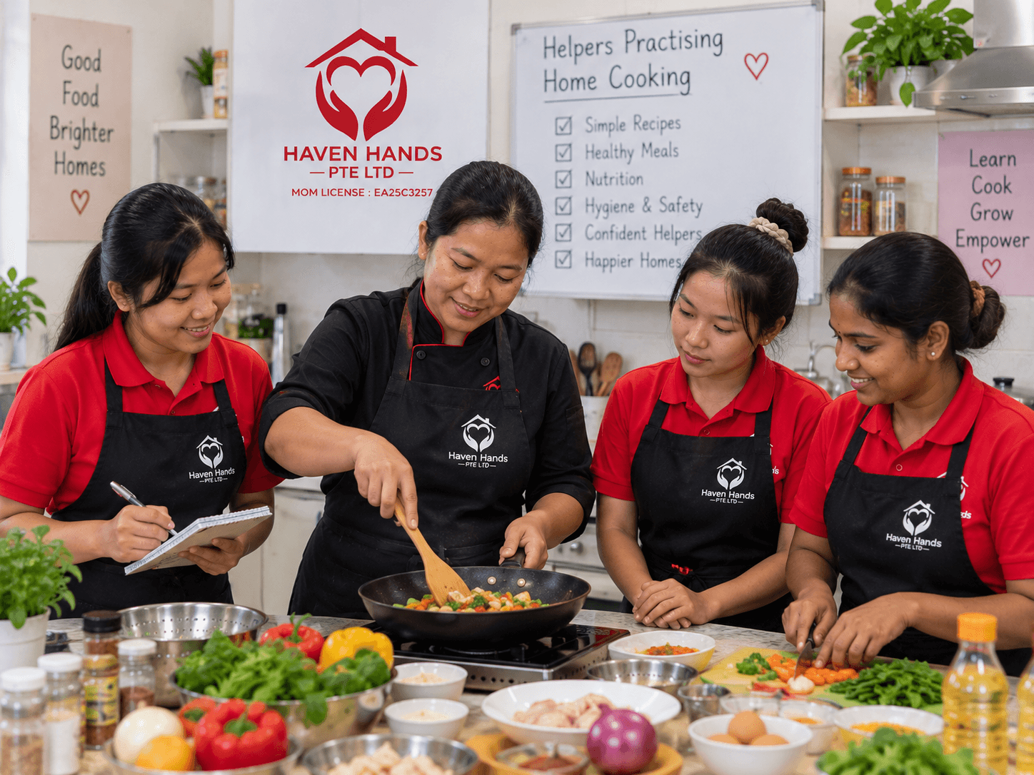 Hands-on home cooking training covering meal preparation, kitchen safety, hygiene and basic nutrition.