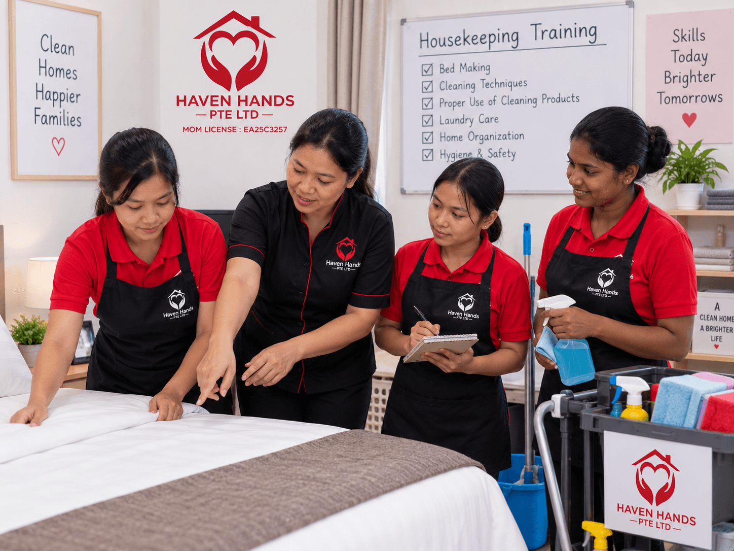 Hands-on housekeeping training covering bed making, cleaning techniques, laundry care, home organisation and hygiene