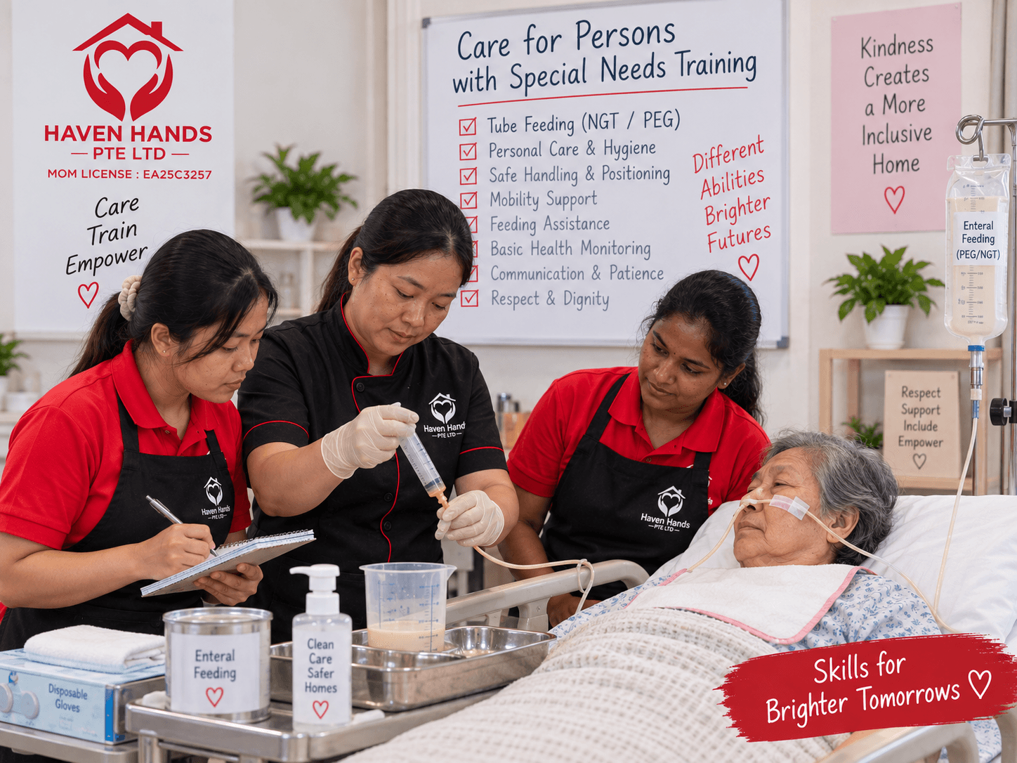 Special needs care training covering tube feeding, safe positioning, personal care, mobility support and basic health monitoring.