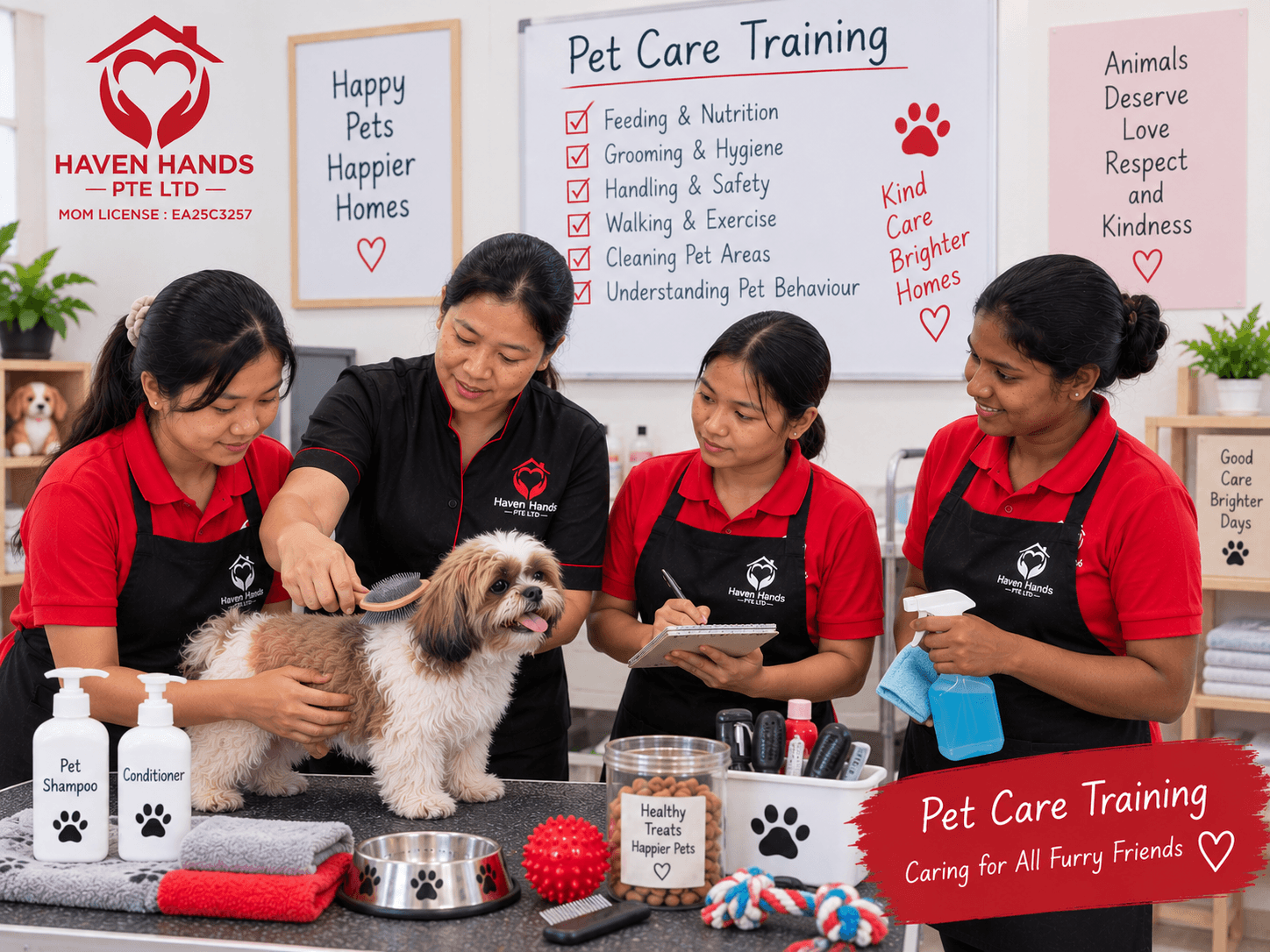 Hands-on pet care training covering feeding, grooming, hygiene, safe handling and basic pet care routines
